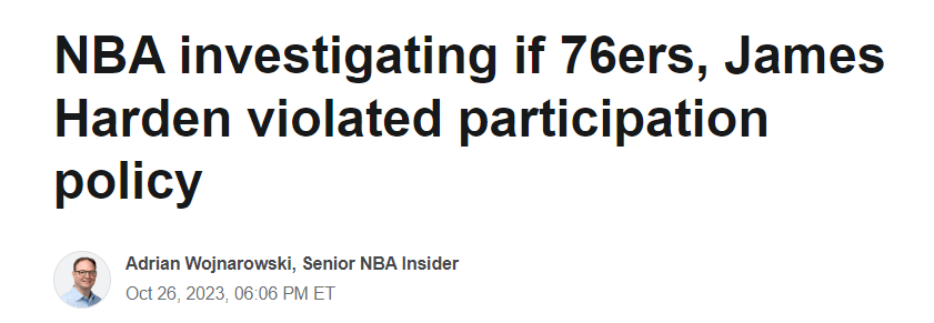 168娱乐-NBA联赛调查76人+哈登-若违规将罚10万美元 或有联队愿租哈登一年